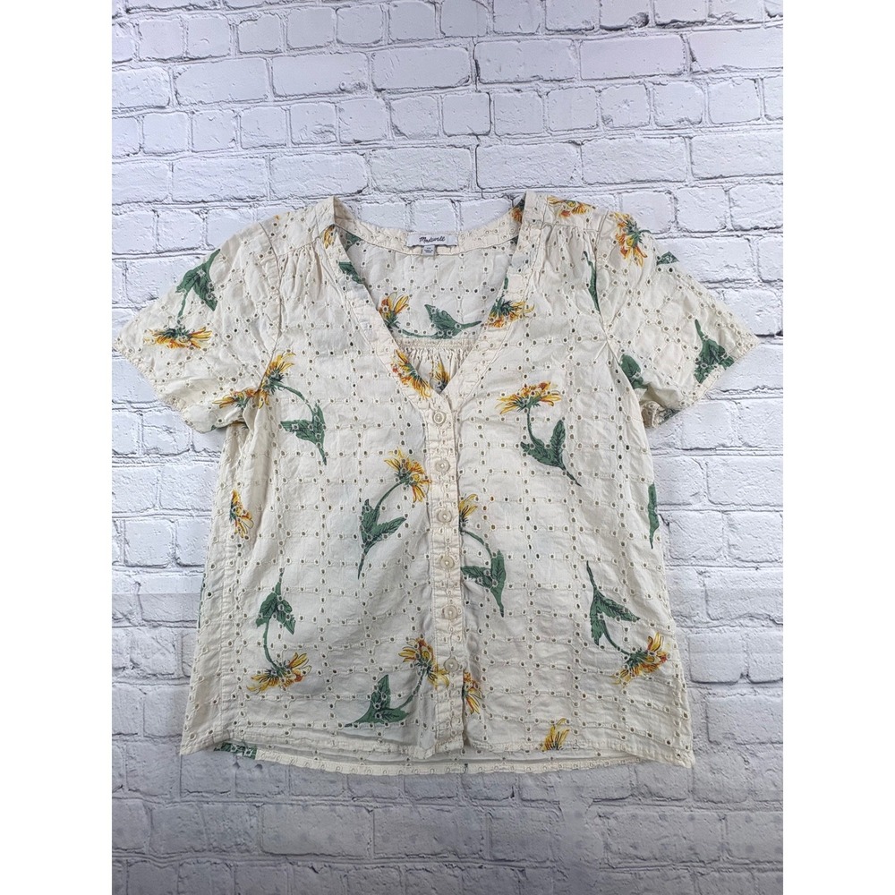 Madewell Button Up Shirt Women XS Cream Excellent Eyelet Floral Short Sleeve